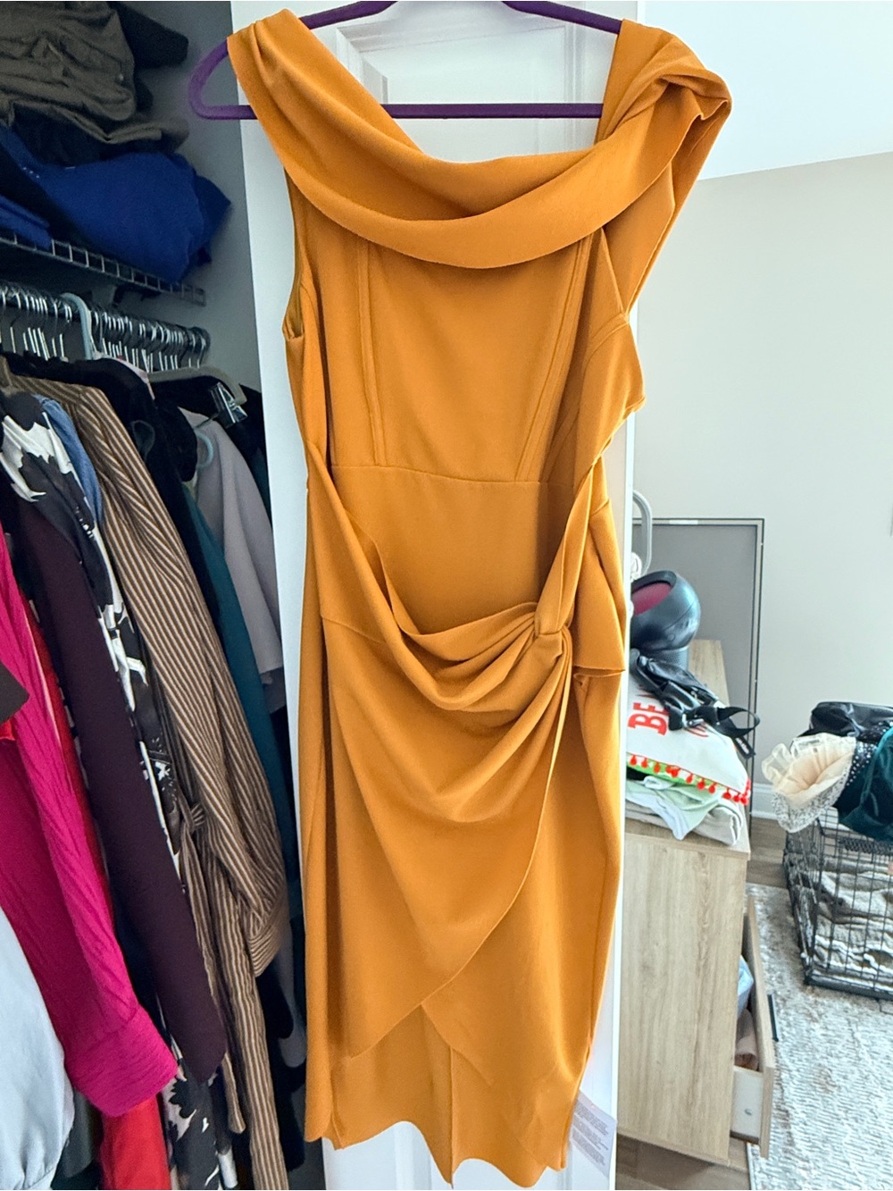 ASOS Design Mustard Draped Knot-Detail Sheath Dress - Women